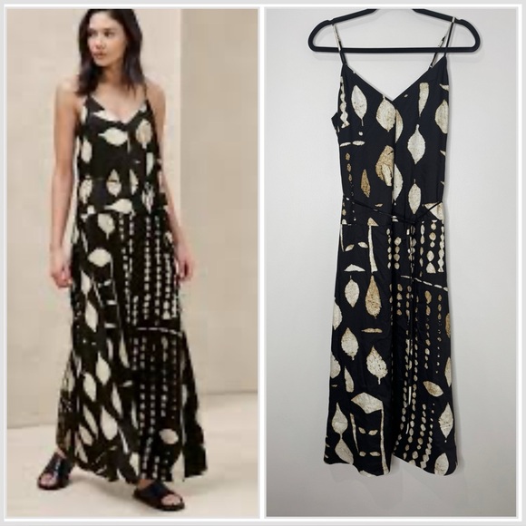 NWT Banana Republic Black Tan Tie Waist Spaghetti Strap Minimalist Maxi Dress SP - Picture 1 of 9
